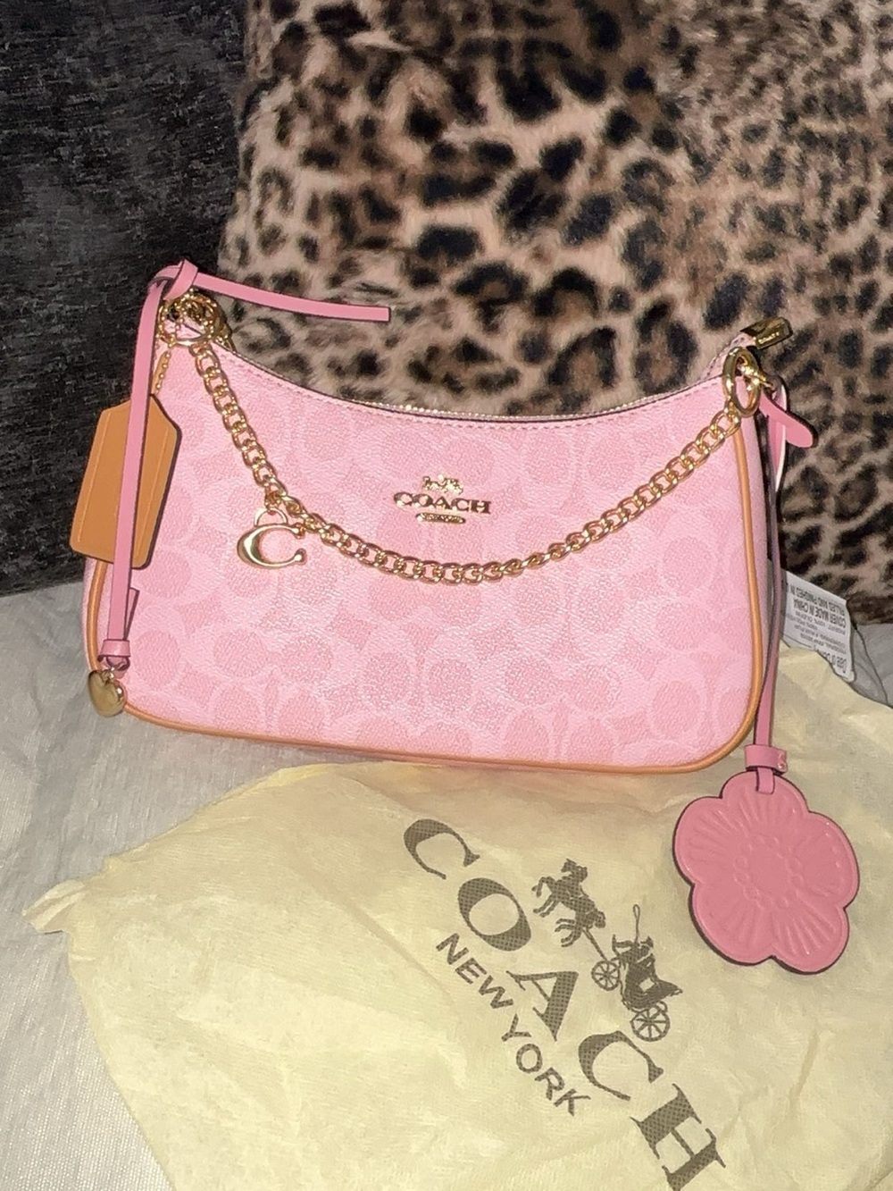 Coach Pink Signature Canvas Shoulder Bag with Gold Chain